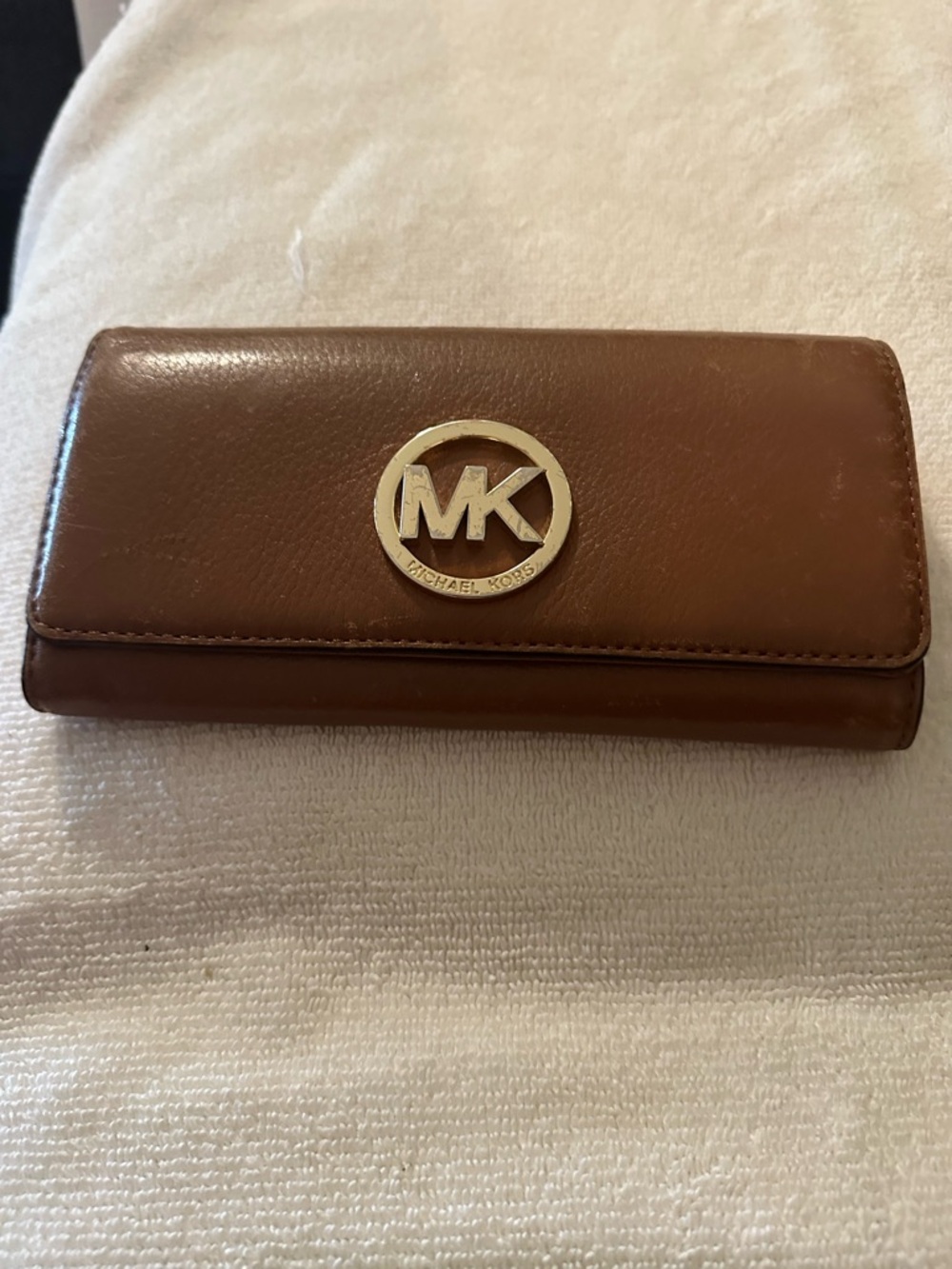 Michael Kors Brown Leather Trifold Key & Card Wallet with Gold MK Logo